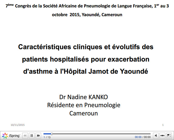 Caractéristiques cliniques et évolutifs des patients hospitalisés pour exacerbation d'asthme à l'Hôpital Jamot de Yaoundé. N. Kanko