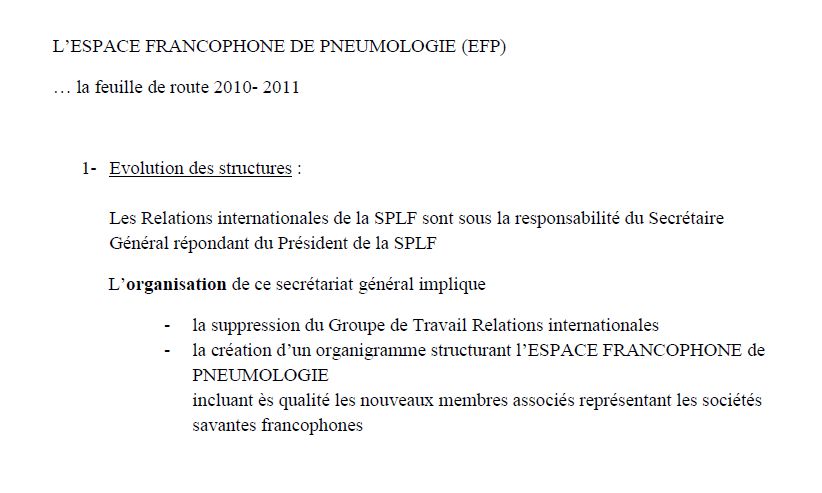 L'espace Francophone de Pneumologie, la feuille de route 2010- 2011
