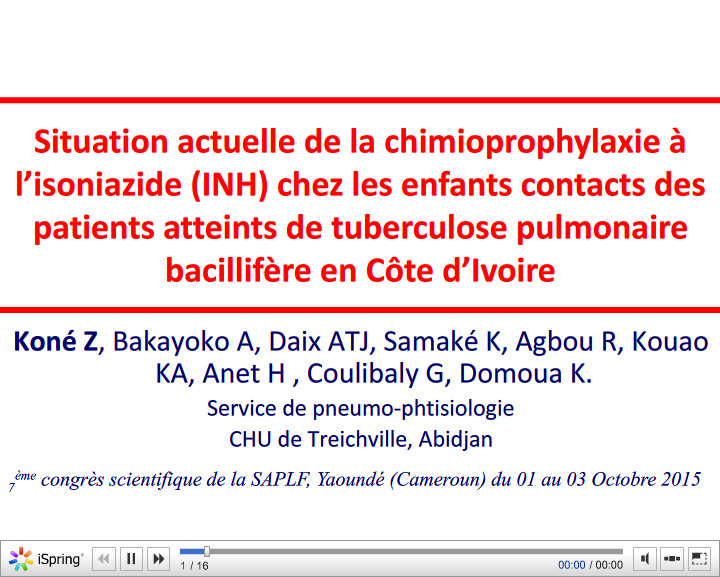 Situation actuelle de la chimioprophylaxie à l'isoniazide (INH) chez les enfants contacts des patients atteints de tuberculose pulmonaire bacillifère en Côte d'Ivoire. Z. Koné