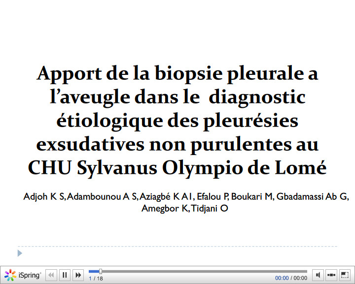 Apport de la biopsie pleurale a l'aveugle dans le  diagnostic étiologique des pleurésies exsudatives non purulentes au CHU Sylvanus Olympio de Lomé. K. Adjoh